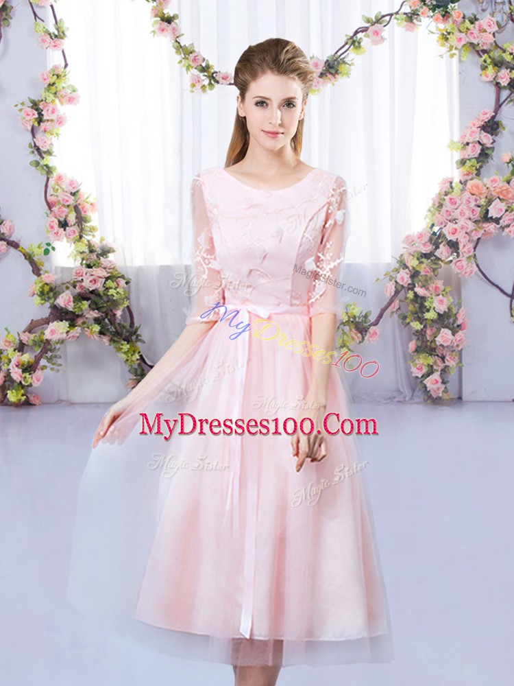 Best Tea Length Baby Pink Damas Dress Tulle Half Sleeves Lace and Belt