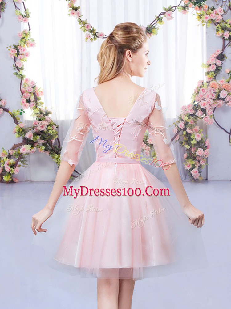 Best Tea Length Baby Pink Damas Dress Tulle Half Sleeves Lace and Belt