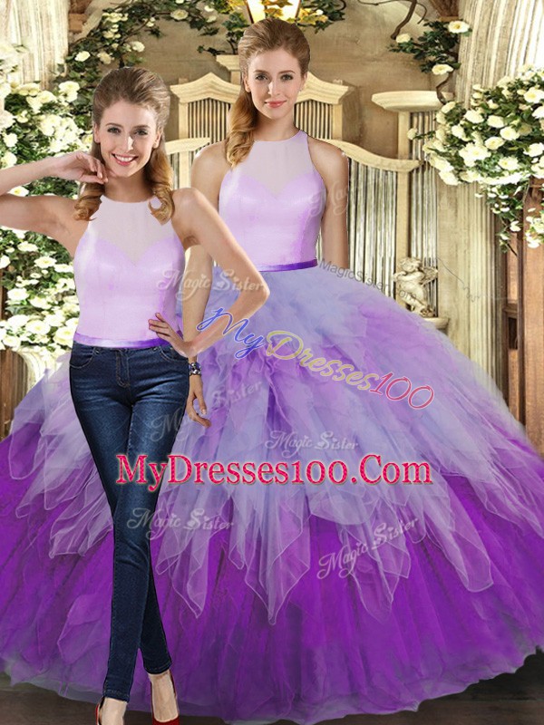 Simple Two Pieces Ball Gown Prom Dress Multi-color High-neck Organza Sleeveless Floor Length Backless