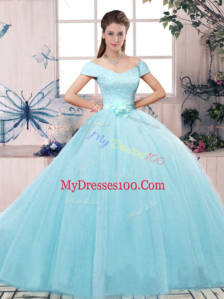 Simple Floor Length Lace Up Sweet 16 Quinceanera Dress Aqua Blue for Military Ball and Sweet 16 and Quinceanera with Lace and Hand Made Flower