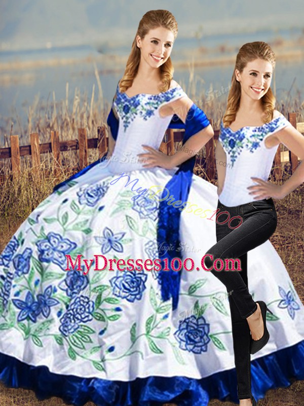Glamorous Floor Length Blue And White Ball Gown Prom Dress Satin Sleeveless Embroidery