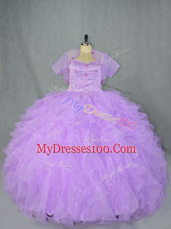 Romantic Sweetheart Sleeveless Quinceanera Dresses Asymmetrical Beading and Ruffles Lavender Organza