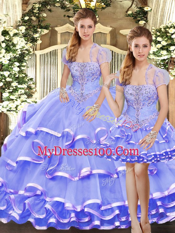 Customized Lavender Strapless Neckline Beading and Ruffled Layers Quinceanera Gowns Sleeveless Lace Up