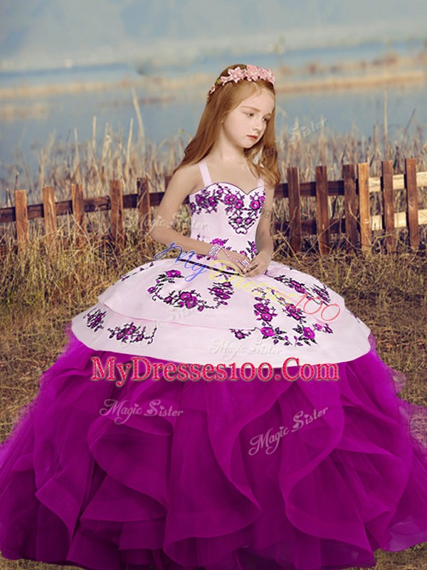 Fuchsia Lace Up Pageant Gowns For Girls Sleeveless Floor Length Embroidery and Ruffles