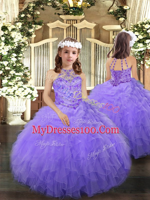 Halter Top Sleeveless Tulle Quinceanera Dresses Beading and Ruffles Lace Up