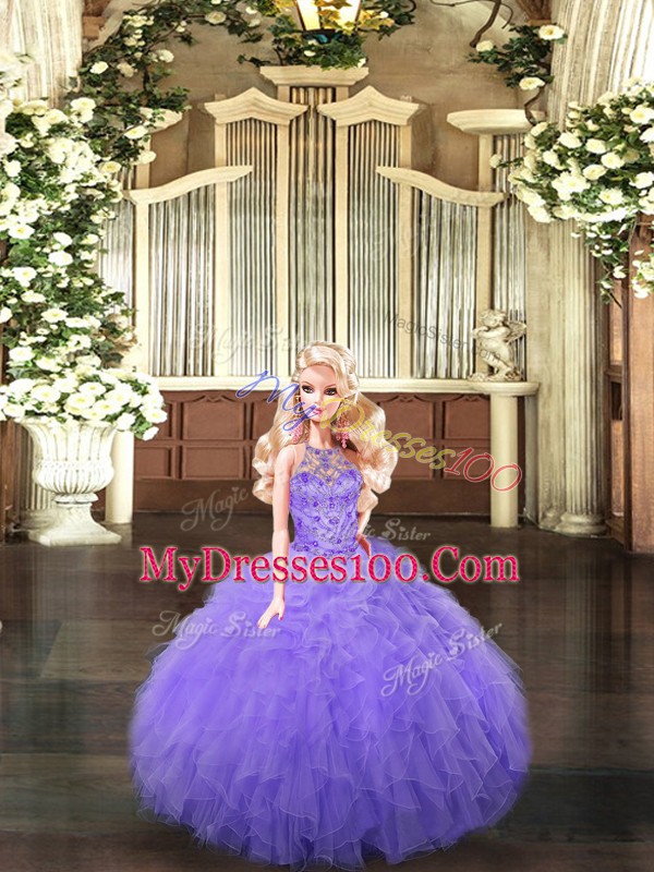 Halter Top Sleeveless Tulle Quinceanera Dresses Beading and Ruffles Lace Up