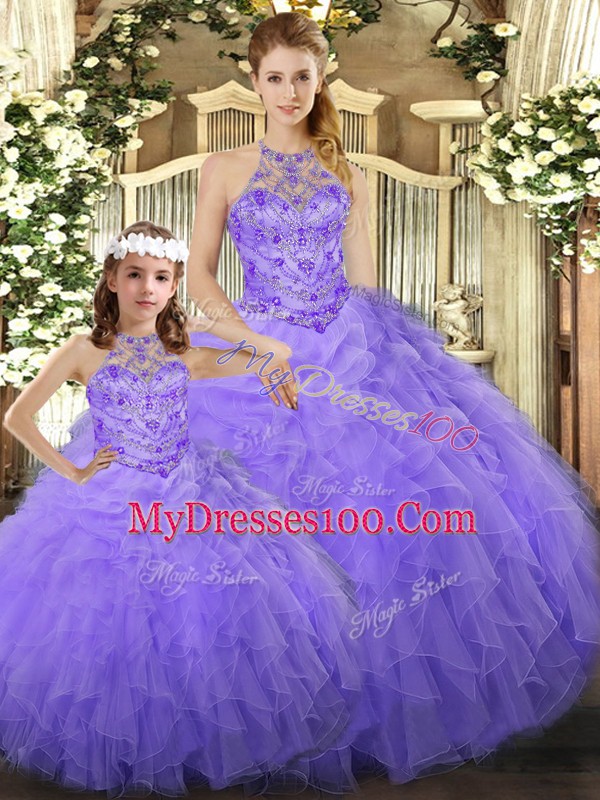 Halter Top Sleeveless Tulle Quinceanera Dresses Beading and Ruffles Lace Up