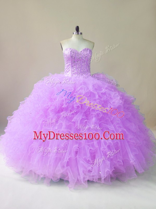 Lilac Sweetheart Neckline Beading and Ruffles Sweet 16 Dress Sleeveless Lace Up
