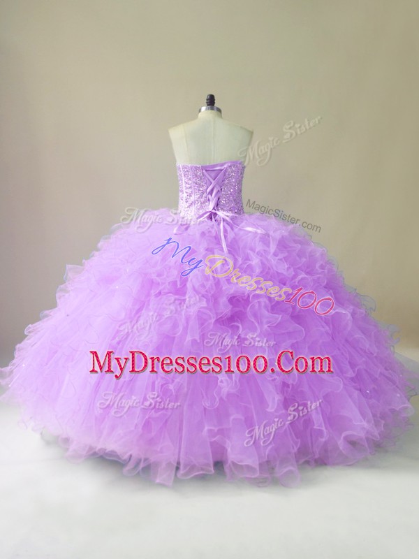 Lilac Sweetheart Neckline Beading and Ruffles Sweet 16 Dress Sleeveless Lace Up