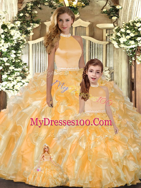 Gold Ball Gowns Halter Top Sleeveless Organza Floor Length Backless Beading and Ruffles Quinceanera Gowns