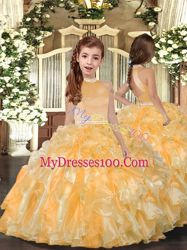 Gold Ball Gowns Halter Top Sleeveless Organza Floor Length Backless Beading and Ruffles Quinceanera Gowns