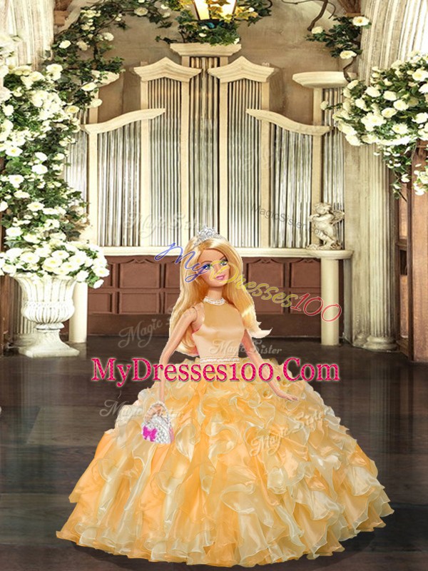 Gold Ball Gowns Halter Top Sleeveless Organza Floor Length Backless Beading and Ruffles Quinceanera Gowns