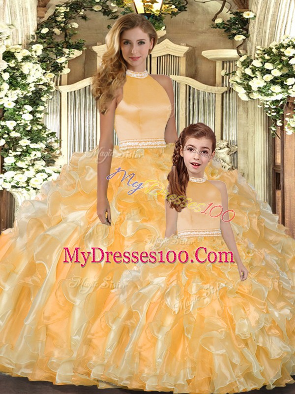 Gold Ball Gowns Halter Top Sleeveless Organza Floor Length Backless Beading and Ruffles Quinceanera Gowns