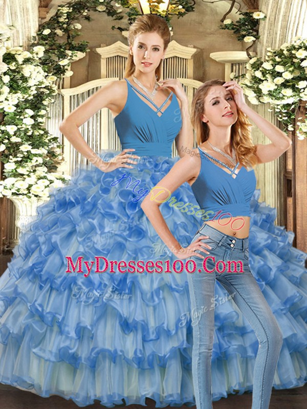 Designer Blue Sweet 16 Quinceanera Dress Sweet 16 and Quinceanera with Ruffles V-neck Sleeveless Backless