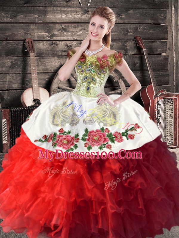 Custom Made Sleeveless Floor Length Embroidery and Ruffles Lace Up Ball Gown Prom Dress with White And Red