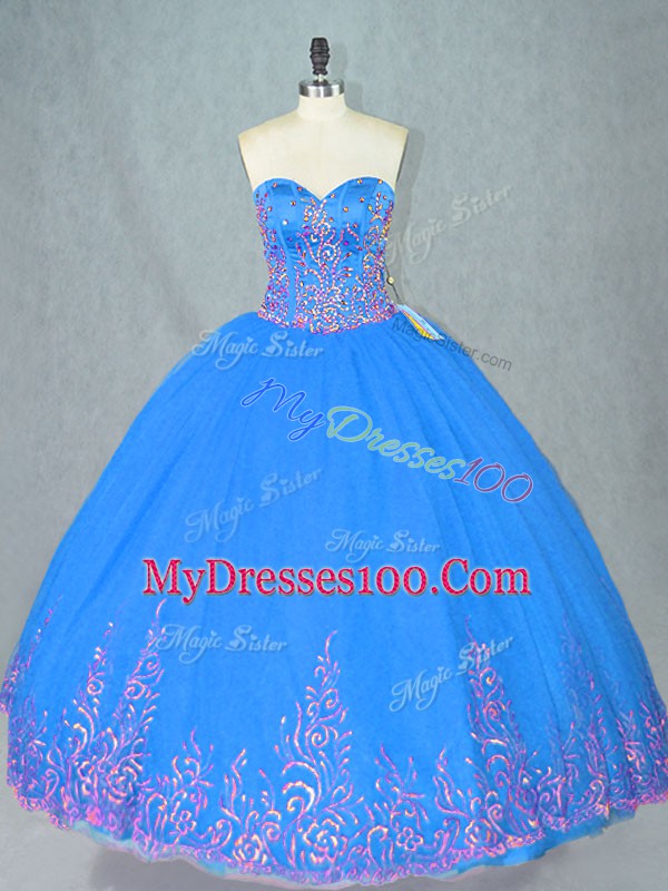 Traditional Blue Vestidos de Quinceanera Sweet 16 and Quinceanera with Beading and Embroidery Sweetheart Sleeveless Lace Up