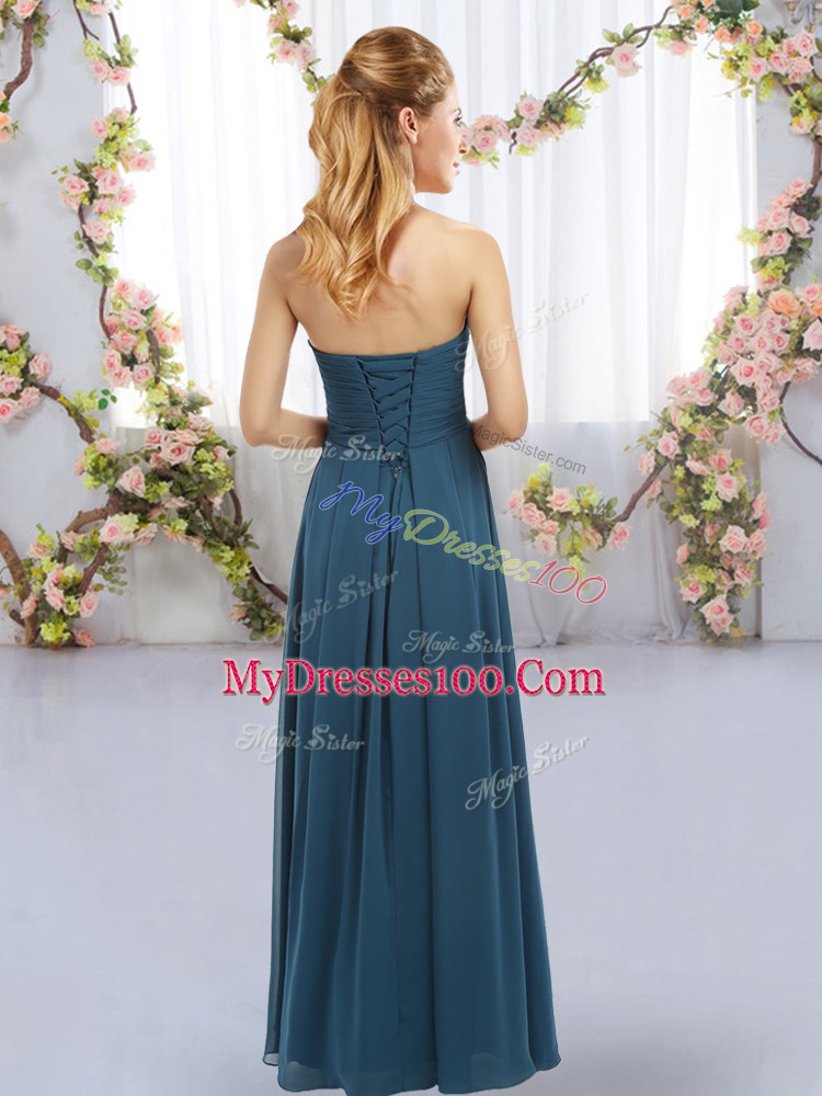 Floor Length Lace Up Bridesmaid Dress Royal Blue for Wedding Party with Ruffles