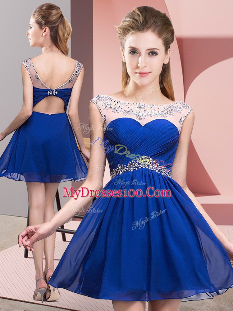 Spectacular Sleeveless Mini Length Beading and Ruching Backless Dress for Prom with Royal Blue