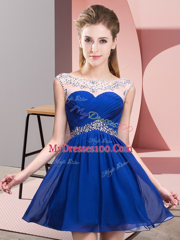 Spectacular Sleeveless Mini Length Beading and Ruching Backless Dress for Prom with Royal Blue