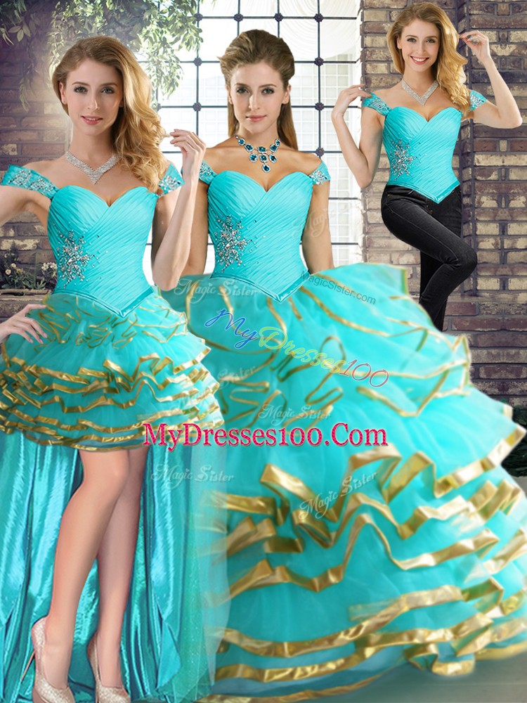 Elegant Aqua Blue Sleeveless Floor Length Beading and Ruffled Layers Lace Up Quinceanera Dresses