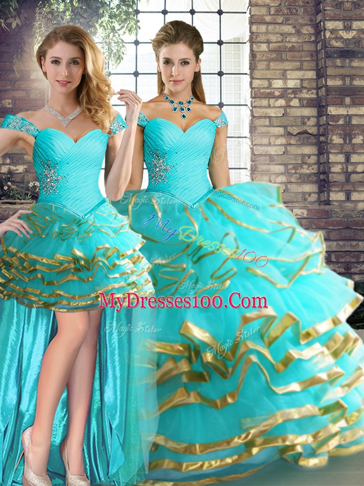 Elegant Aqua Blue Sleeveless Floor Length Beading and Ruffled Layers Lace Up Quinceanera Dresses