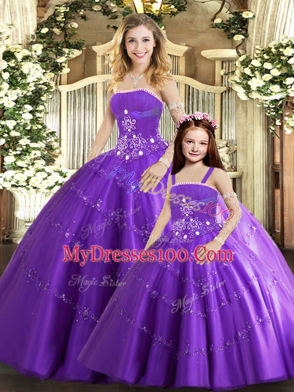 Smart Purple Lace Up Quinceanera Dresses Beading Sleeveless Floor Length