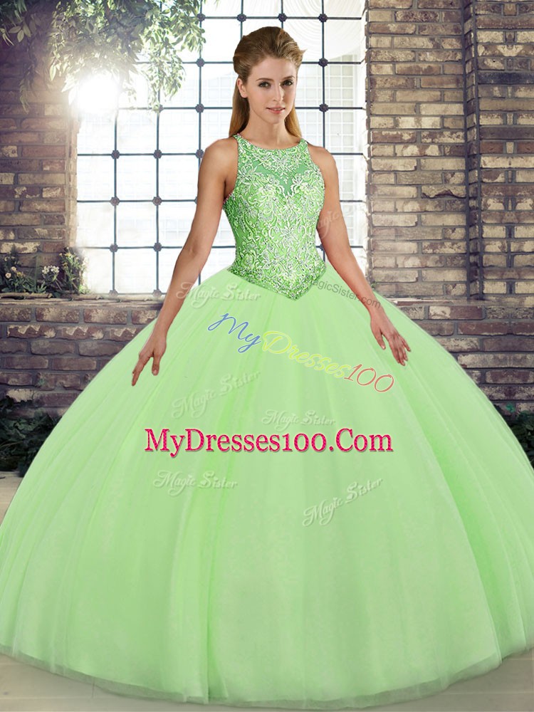 Flare Sleeveless Floor Length Embroidery Lace Up Ball Gown Prom Dress with