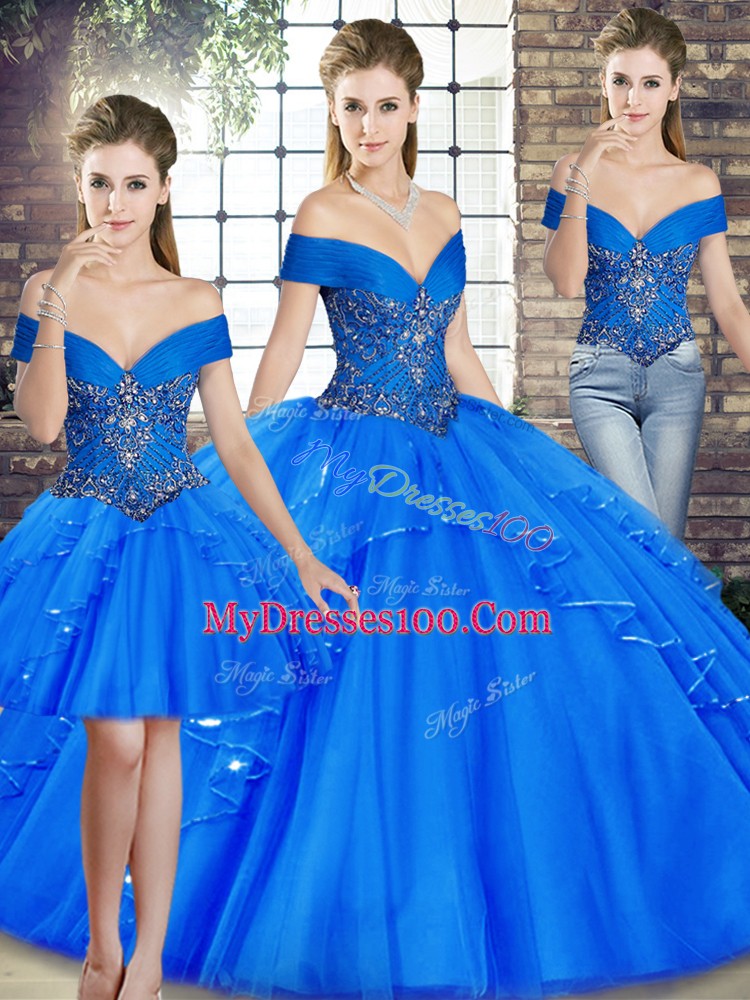 Colorful Royal Blue Sleeveless Tulle Lace Up Quinceanera Gown for Military Ball and Sweet 16 and Quinceanera