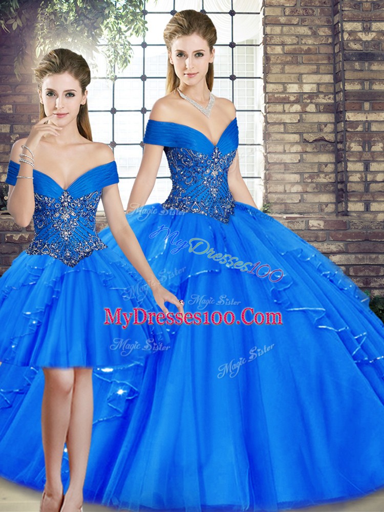 Colorful Royal Blue Sleeveless Tulle Lace Up Quinceanera Gown for Military Ball and Sweet 16 and Quinceanera