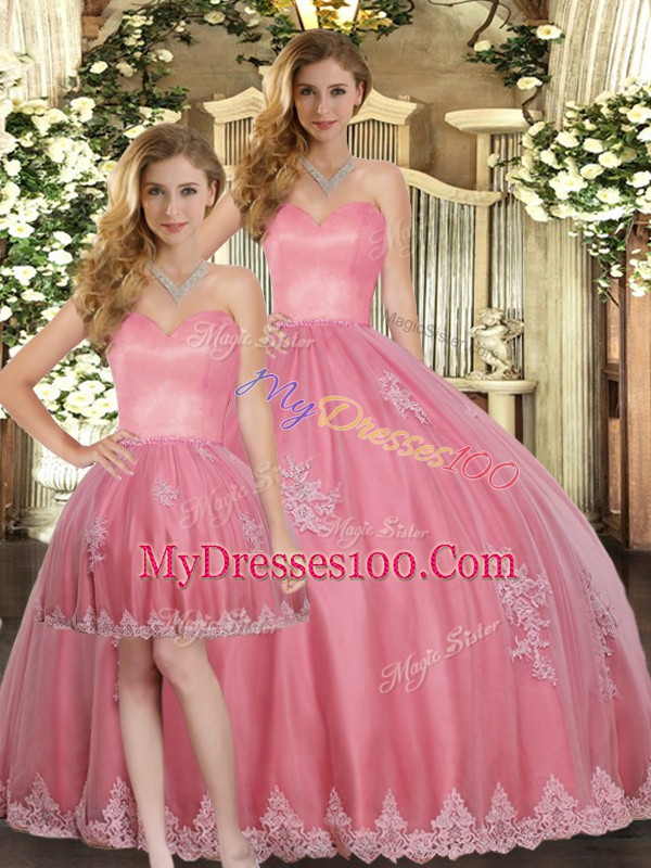 Deluxe Watermelon Red Quinceanera Dresses Military Ball and Sweet 16 and Quinceanera with Appliques Sweetheart Sleeveless Lace Up