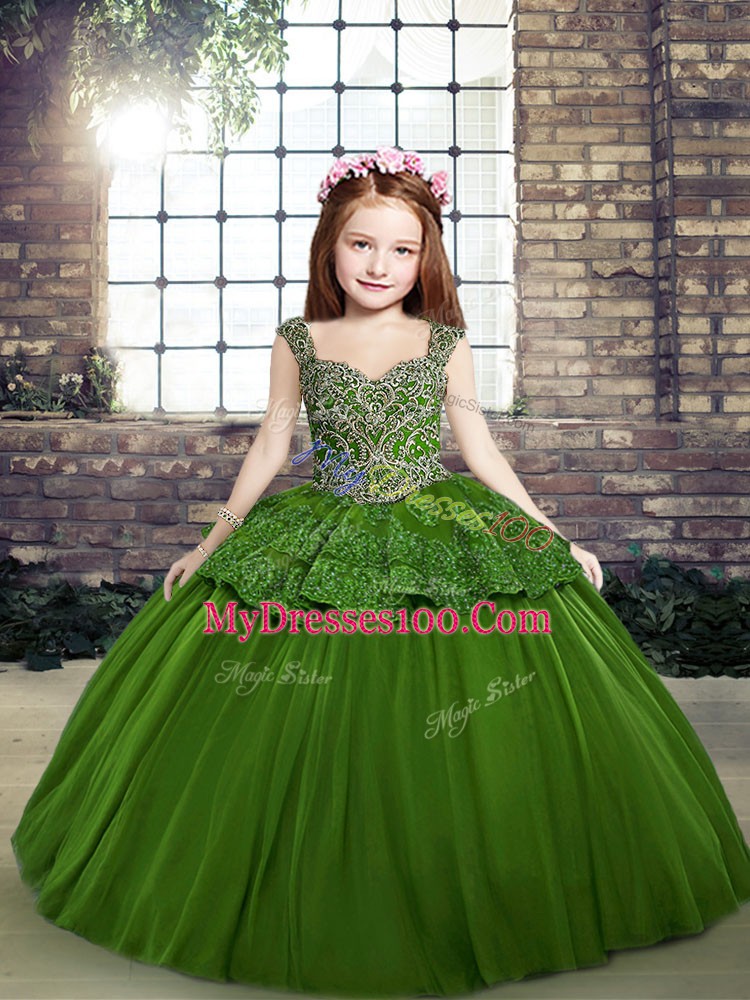Floor Length Green Pageant Dress for Girls Straps Sleeveless Lace Up