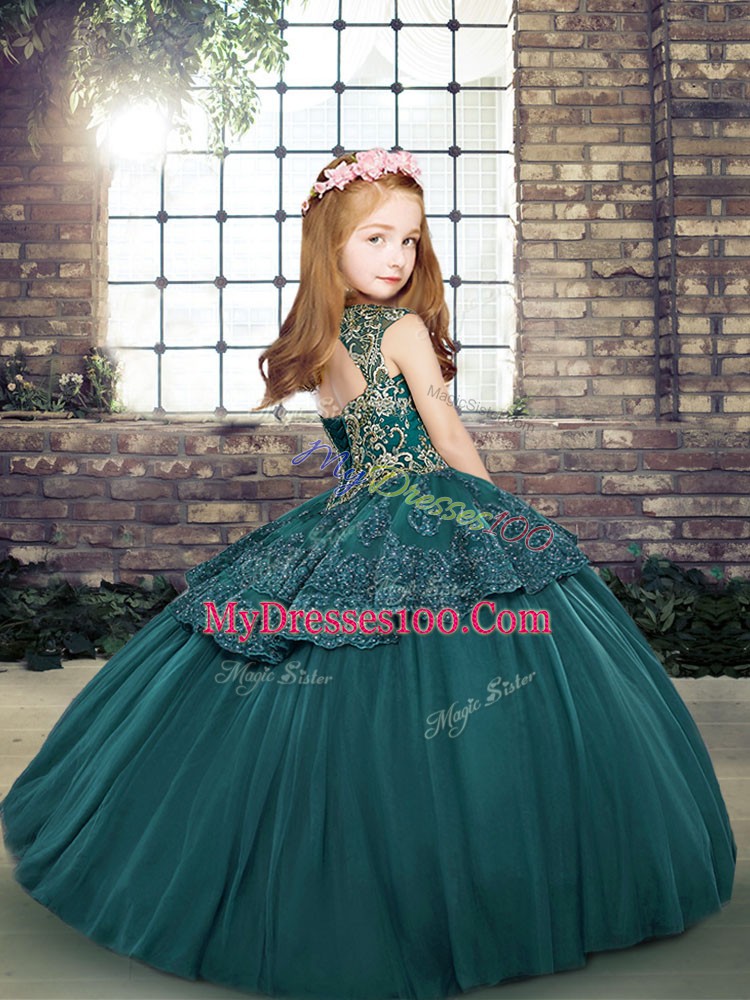 Floor Length Green Pageant Dress for Girls Straps Sleeveless Lace Up