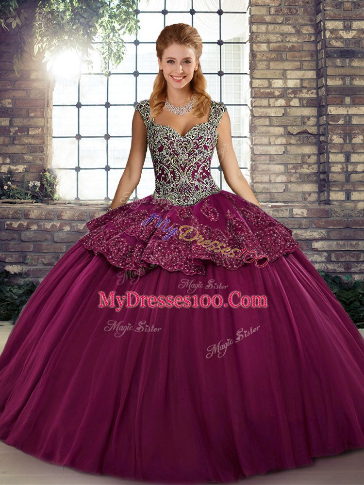 Enchanting Fuchsia 15 Quinceanera Dress Military Ball and Sweet 16 and Quinceanera with Beading and Appliques Straps Sleeveless Lace Up