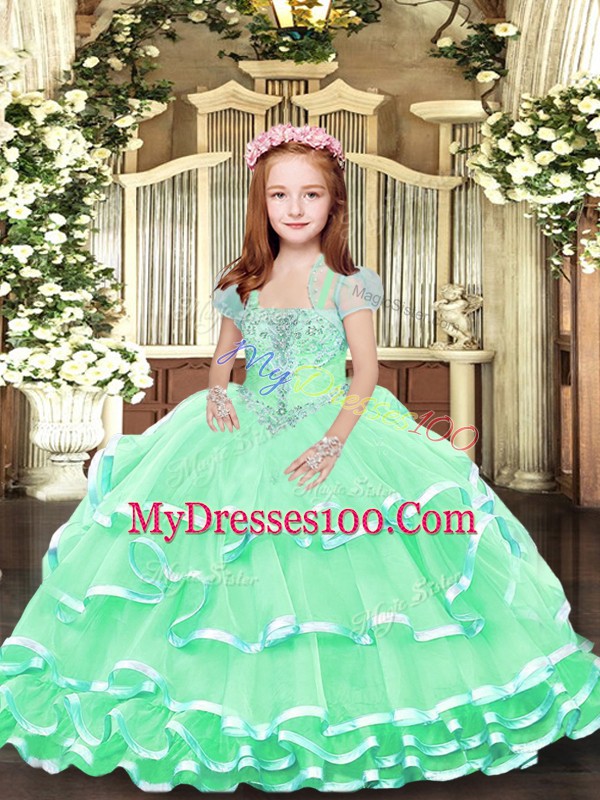 Popular Floor Length Apple Green Kids Pageant Dress Tulle Sleeveless Beading and Ruffled Layers