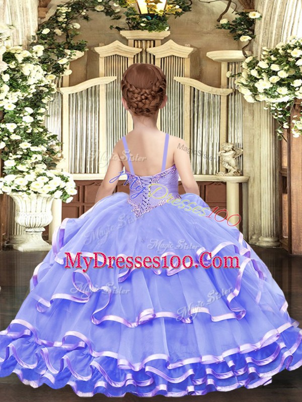 Popular Floor Length Apple Green Kids Pageant Dress Tulle Sleeveless Beading and Ruffled Layers