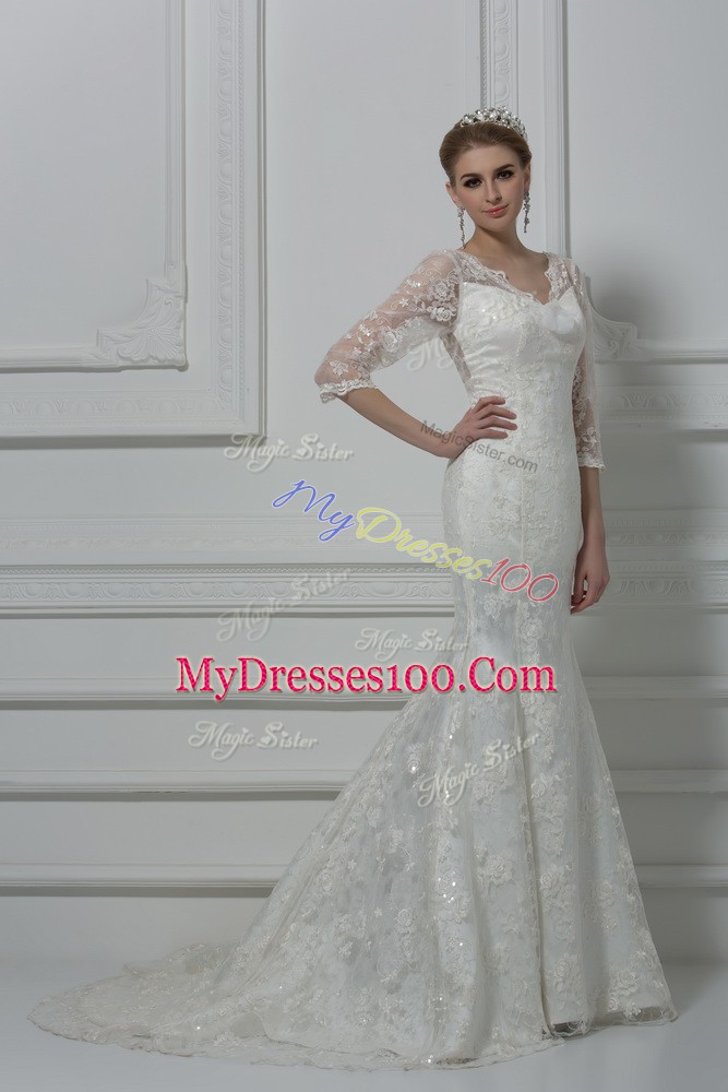 V-neck 3 4 Length Sleeve Lace Wedding Gowns Lace and Hand Made Flower Brush Train Lace Up