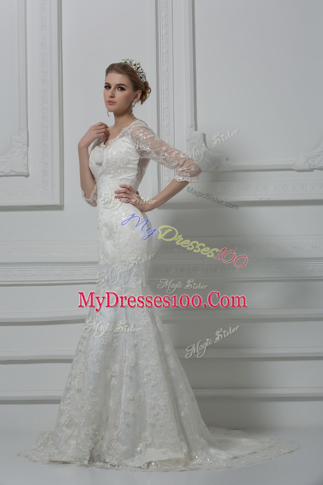 V-neck 3 4 Length Sleeve Lace Wedding Gowns Lace and Hand Made Flower Brush Train Lace Up