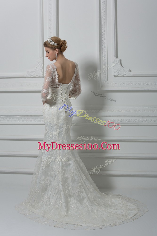 V-neck 3 4 Length Sleeve Lace Wedding Gowns Lace and Hand Made Flower Brush Train Lace Up