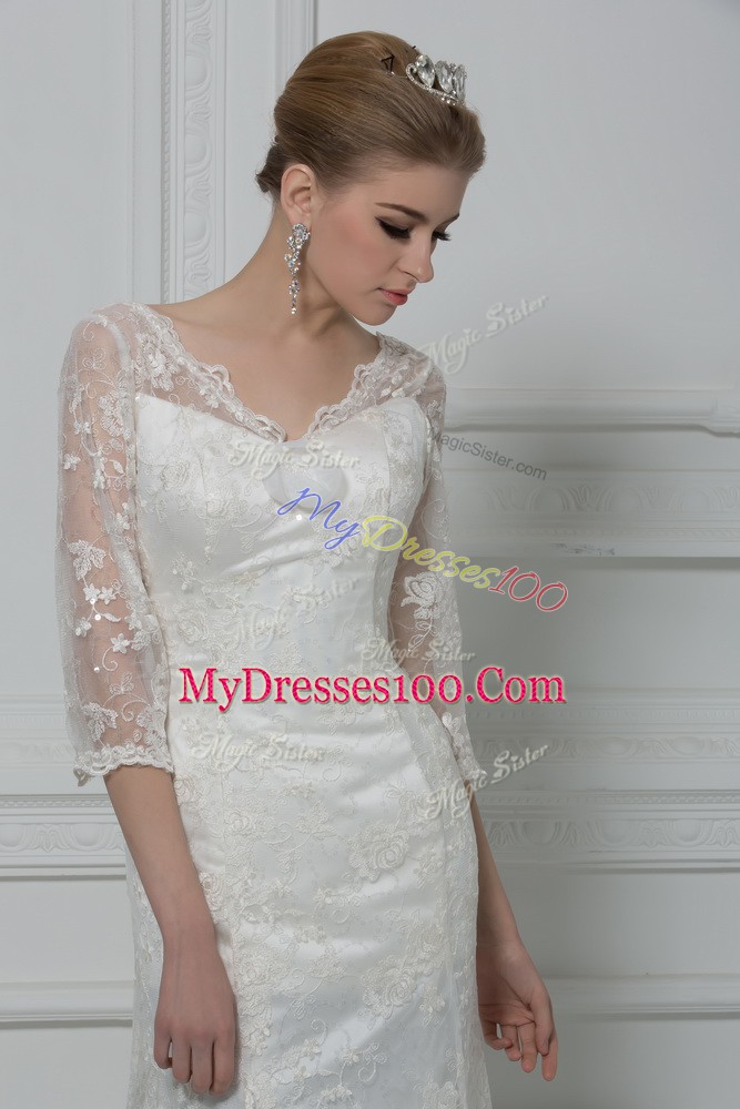 V-neck 3 4 Length Sleeve Lace Wedding Gowns Lace and Hand Made Flower Brush Train Lace Up