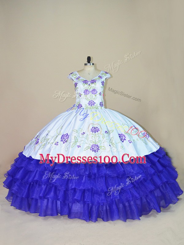 Ball Gowns Quince Ball Gowns White And Purple V-neck Satin and Organza Cap Sleeves Floor Length Lace Up