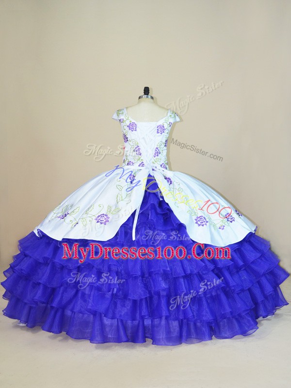 Ball Gowns Quince Ball Gowns White And Purple V-neck Satin and Organza Cap Sleeves Floor Length Lace Up