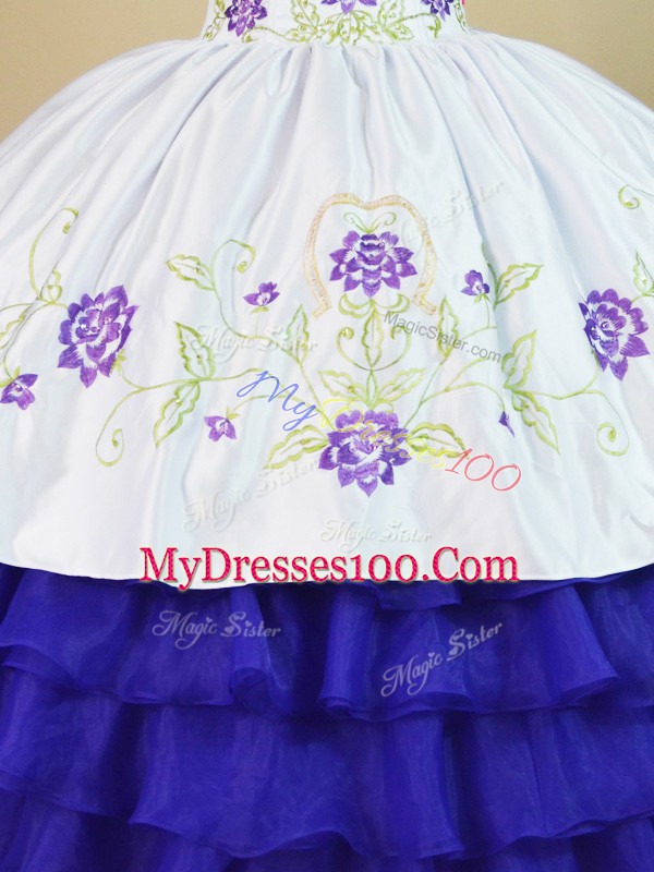 Ball Gowns Quince Ball Gowns White And Purple V-neck Satin and Organza Cap Sleeves Floor Length Lace Up