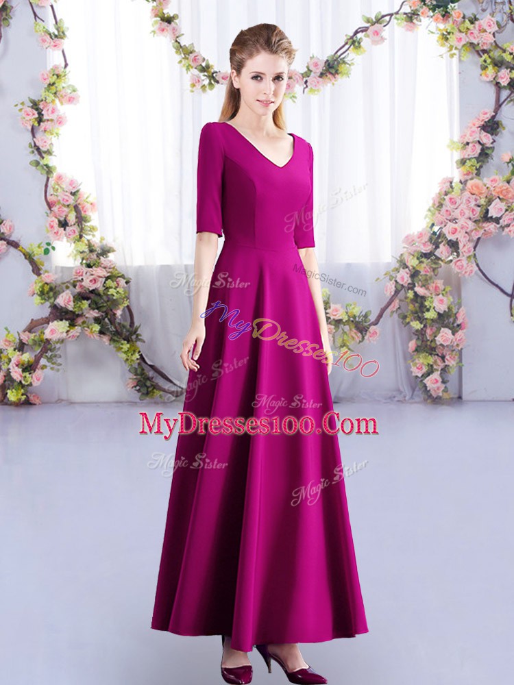 V-neck Half Sleeves Zipper Wedding Guest Dresses Fuchsia Satin