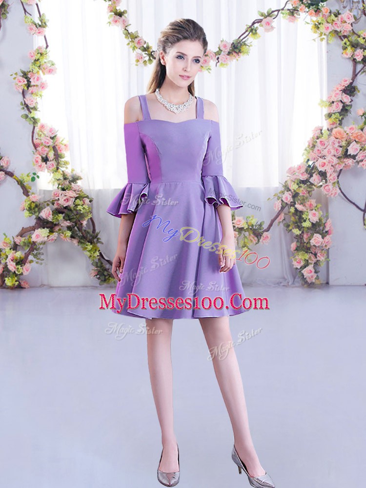 Perfect Lavender A-line Chiffon Off The Shoulder Half Sleeves Ruching Mini Length Zipper Wedding Party Dress