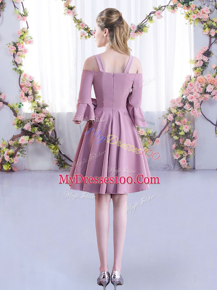Perfect Lavender A-line Chiffon Off The Shoulder Half Sleeves Ruching Mini Length Zipper Wedding Party Dress
