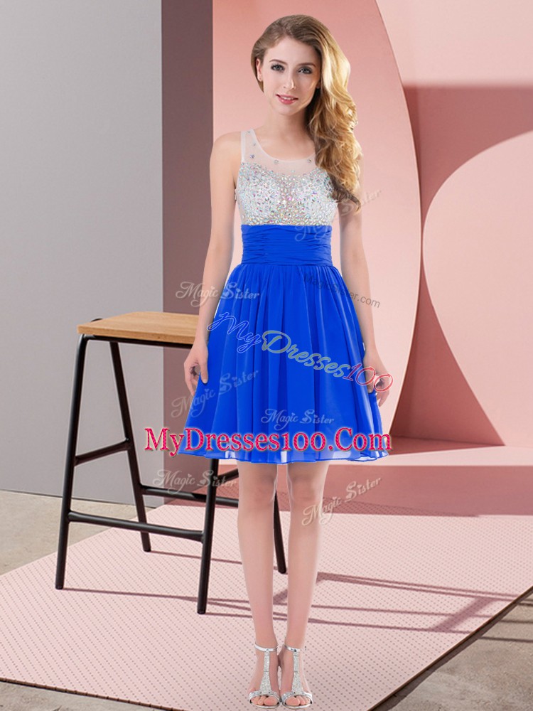 Scoop Sleeveless Vestidos de Damas Mini Length Beading Royal Blue Chiffon