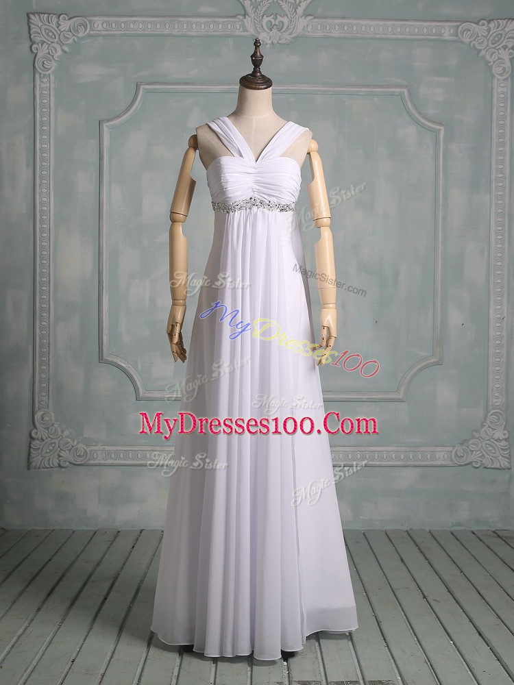 Suitable Empire Wedding Gowns White Straps Chiffon Sleeveless Floor Length Zipper