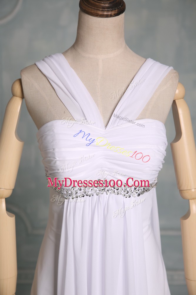 Suitable Empire Wedding Gowns White Straps Chiffon Sleeveless Floor Length Zipper