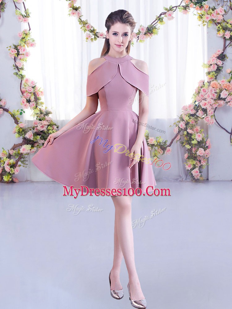 Flirting High-neck Short Sleeves Chiffon Damas Dress Ruching Zipper