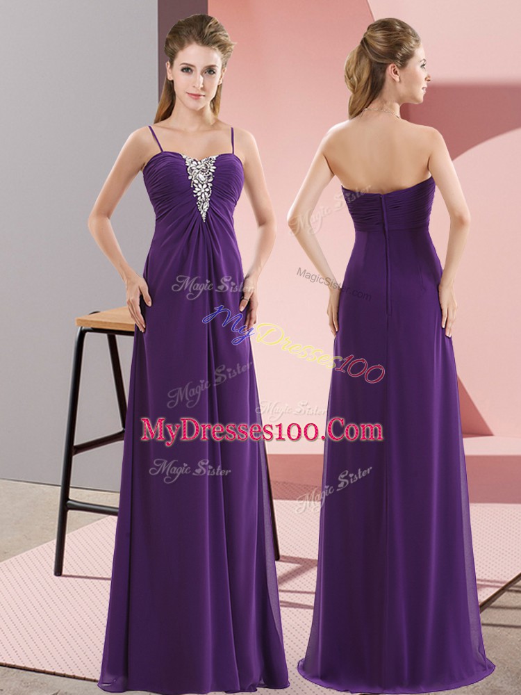 Best Floor Length Purple Prom Evening Gown Chiffon Sleeveless Beading